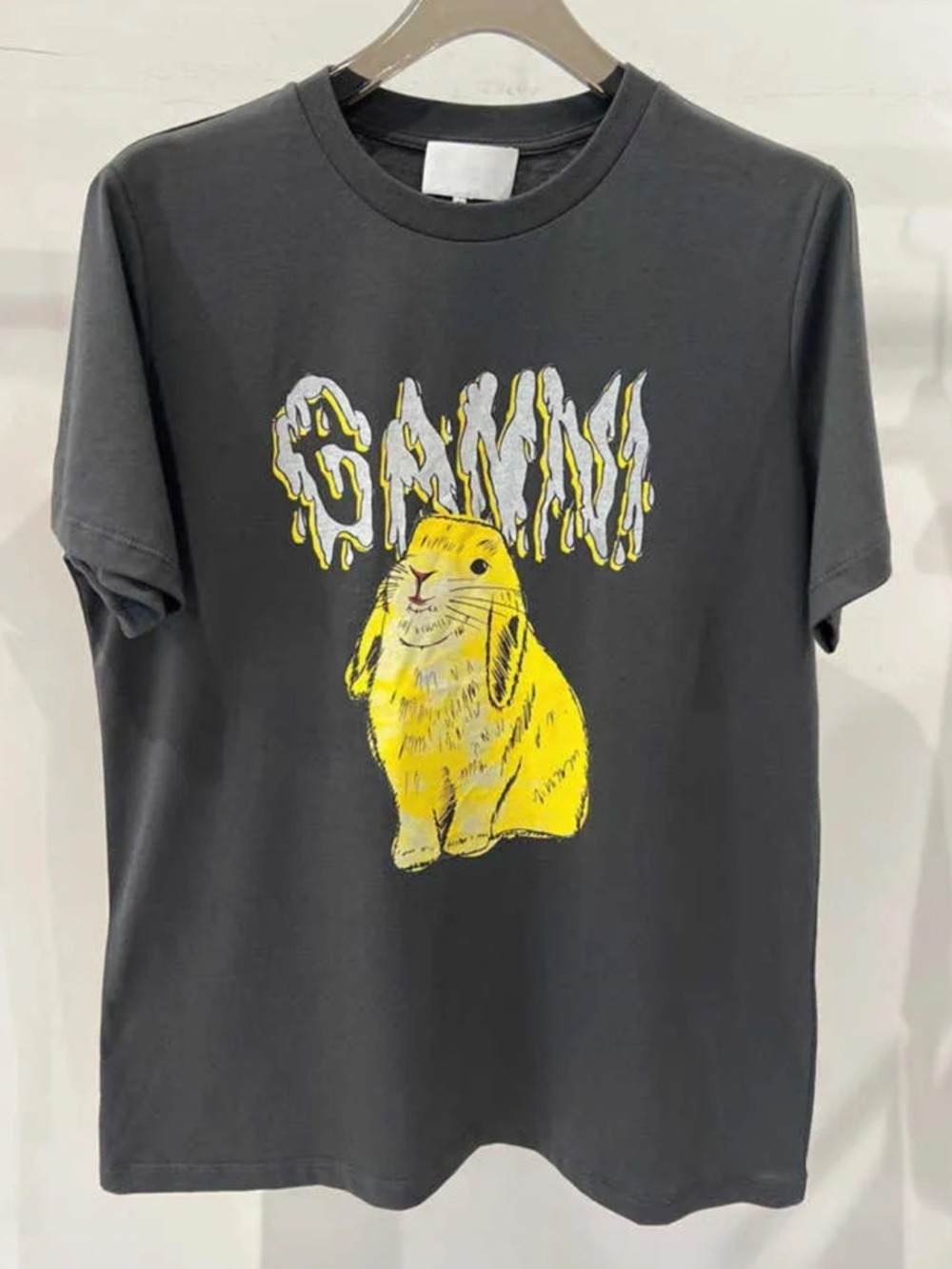 Ganni Graphic Bunny Tee in Charcoal with Bunny Print
